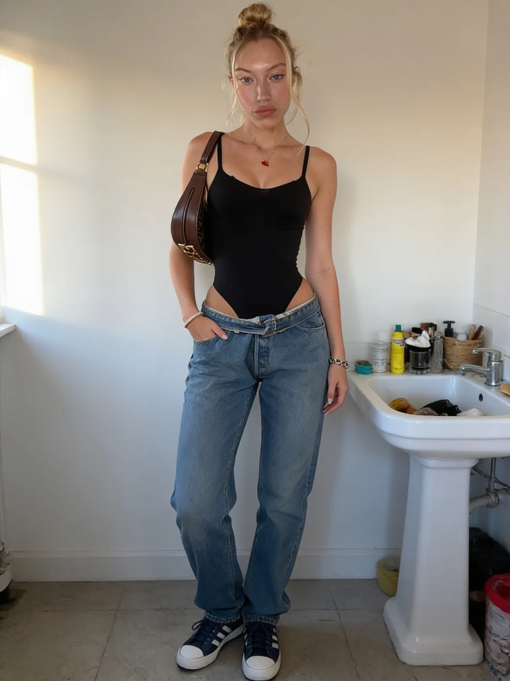 Avatar full body in a black bodysuit and jeans by a bathroom sink